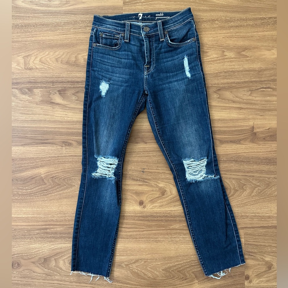 7 For All Mankind Dark Blue Distressed Skinny Jeans